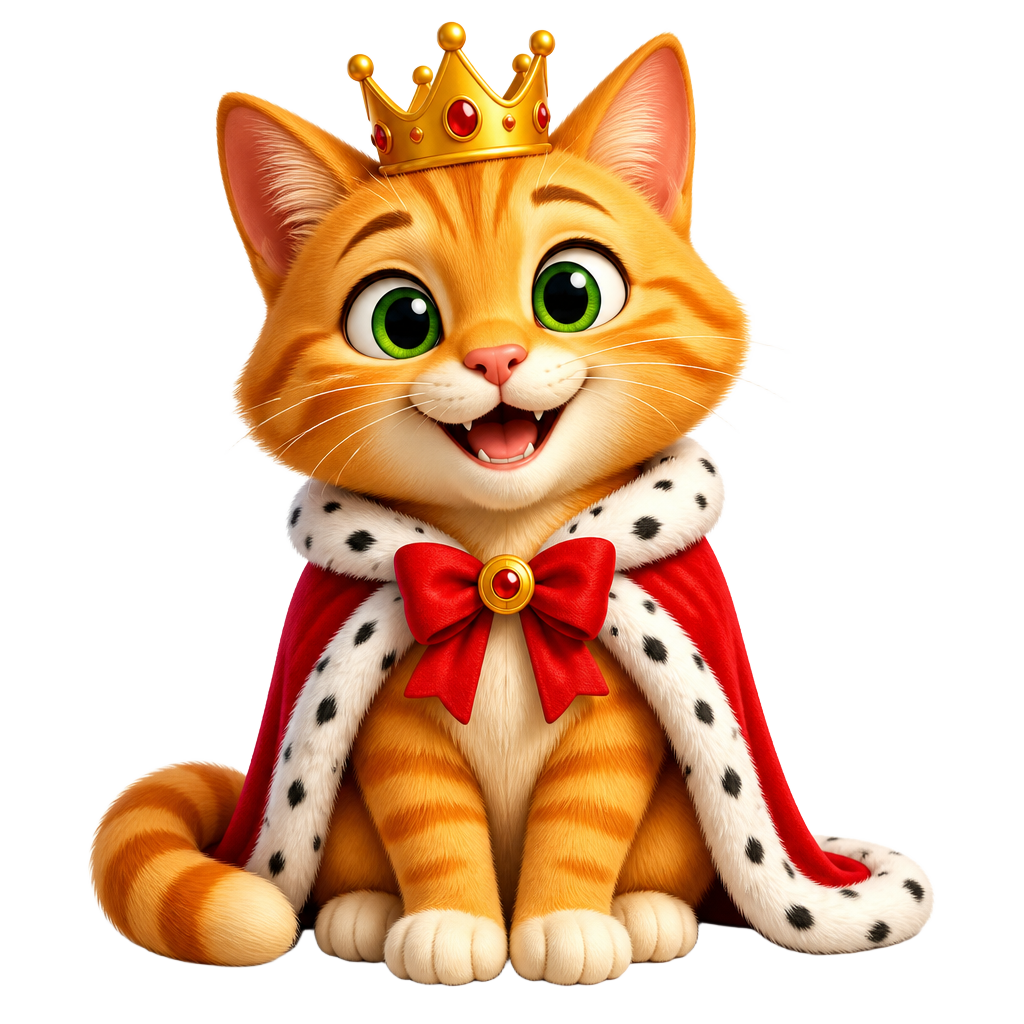 NianNian the Master Cat, an orange tabby wearing a gold crown and red royal cape